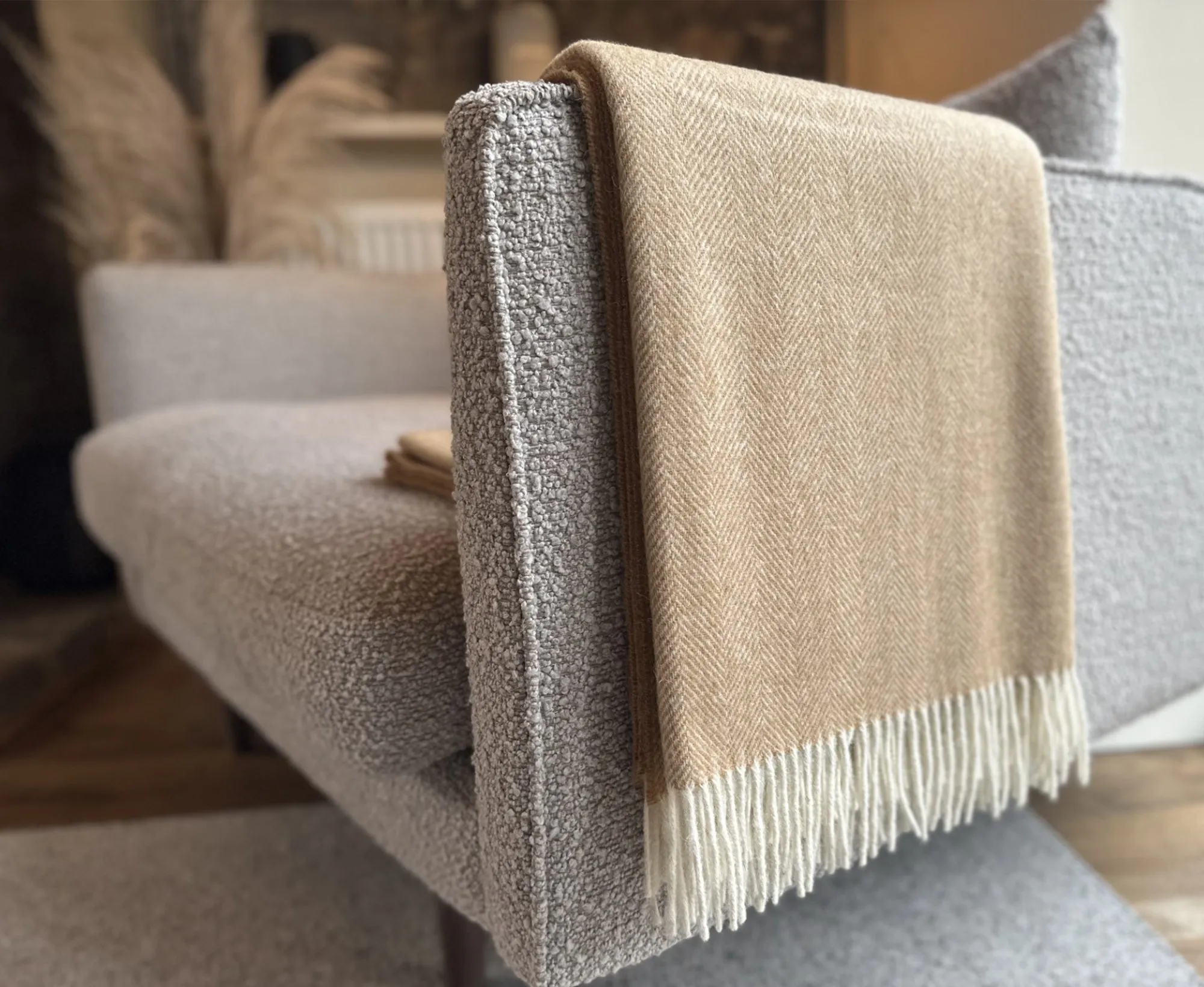 100% Lambswool Herringbone Throw Biscuit