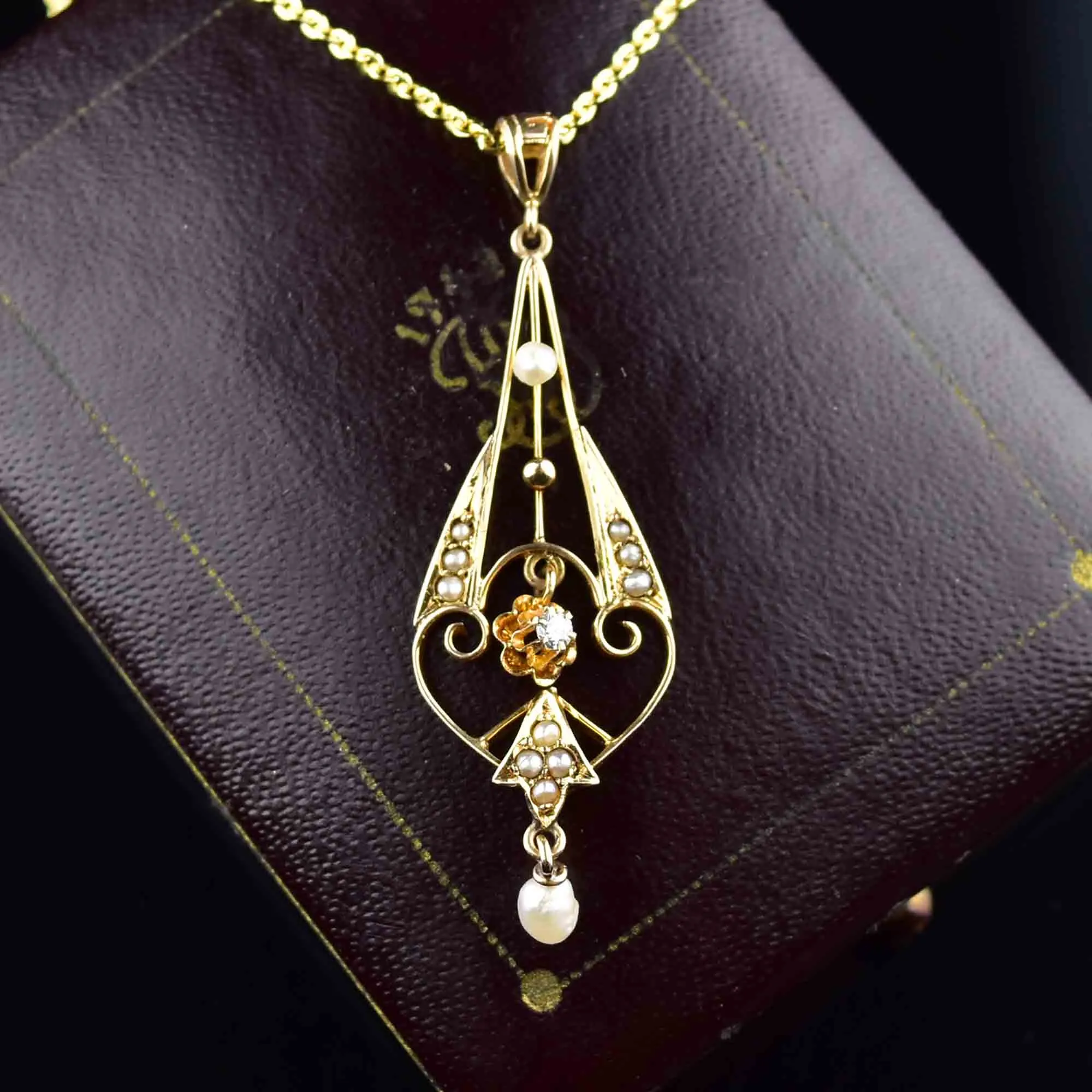 10K Gold Art Nouveau Pearl Diamond Lavalier Necklace