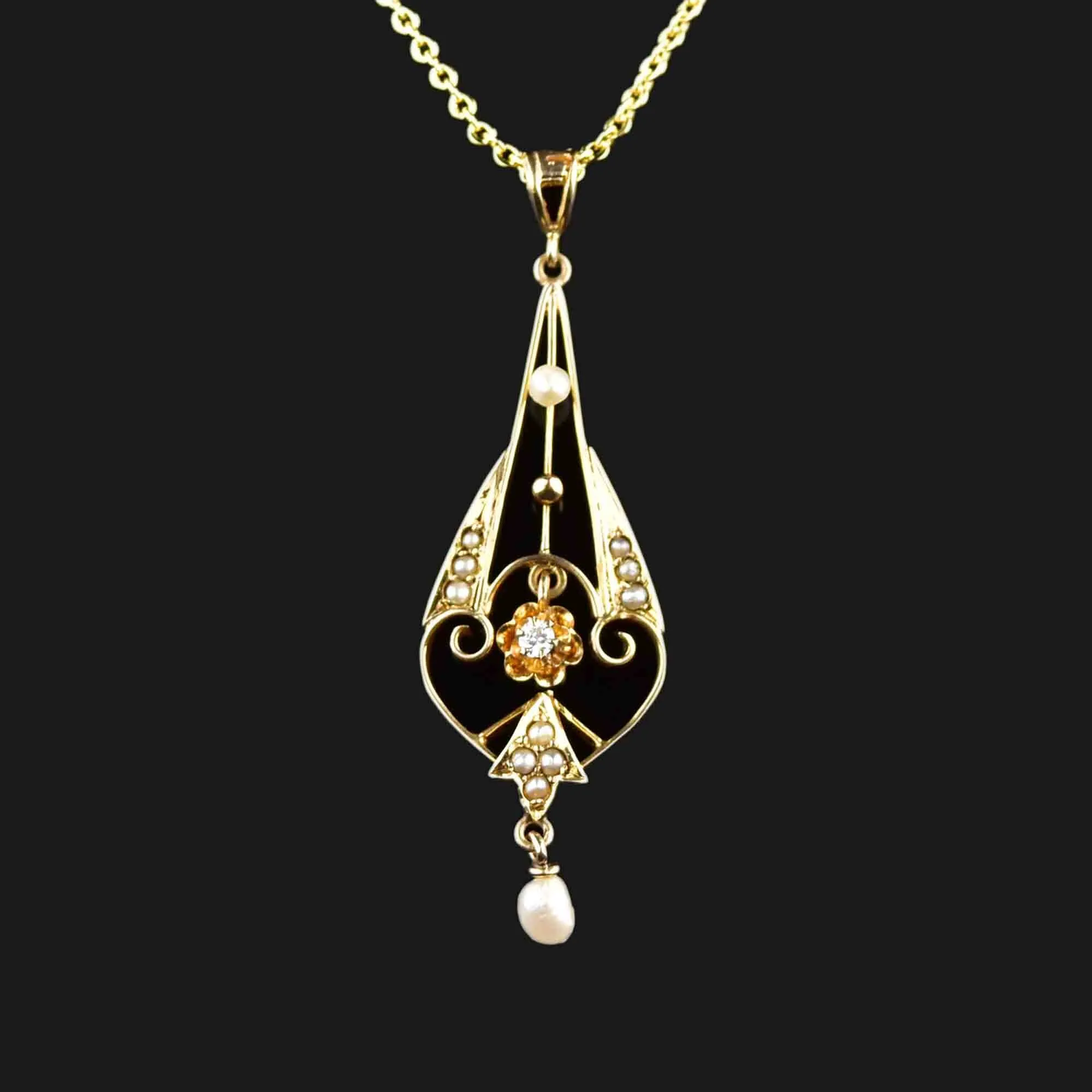 10K Gold Art Nouveau Pearl Diamond Lavalier Necklace