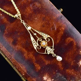 10K Gold Art Nouveau Pearl Diamond Lavalier Necklace