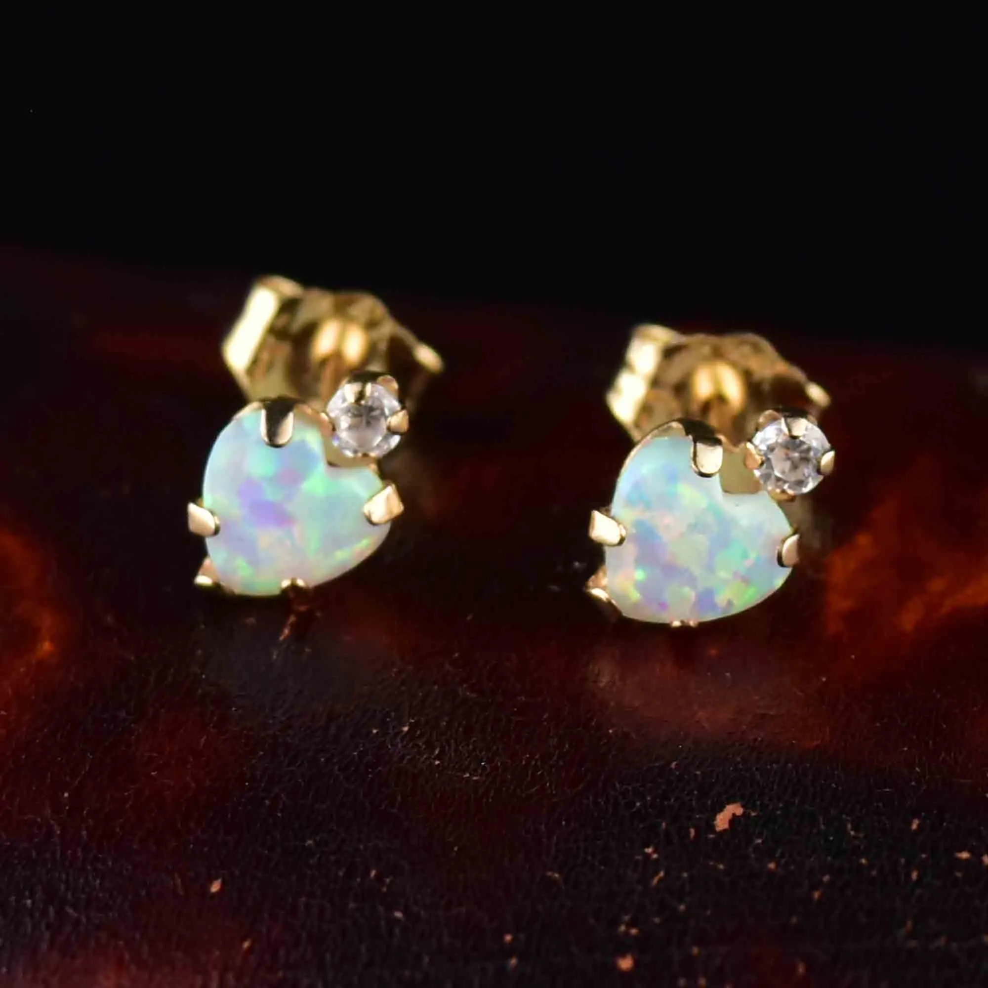 10K Gold Opal Heart Stud Earrings