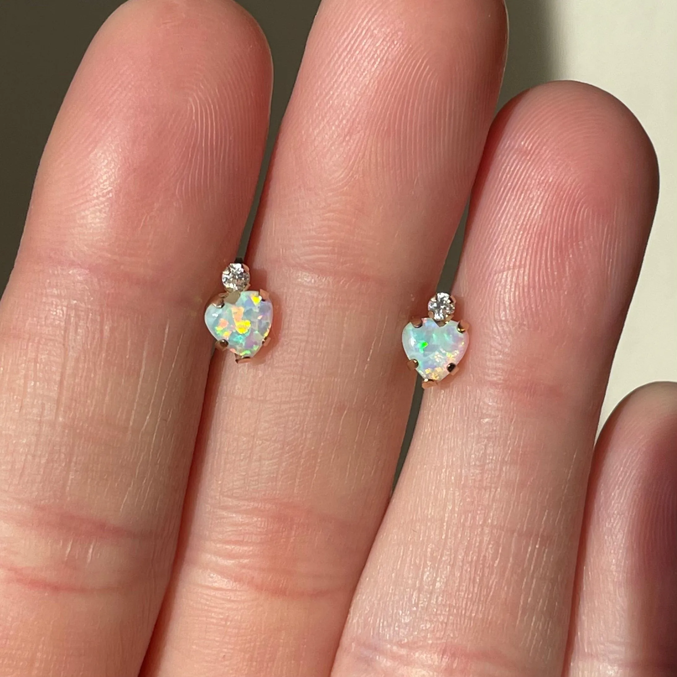 10K Gold Opal Heart Stud Earrings