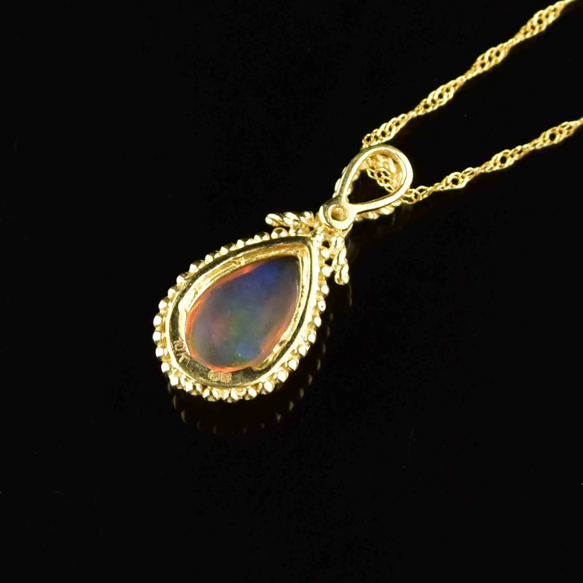 10K Gold Rope Fire Opal Diamond Pendant Necklace