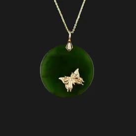 14K Gold Butterfly Jade Disk Pendant Necklace