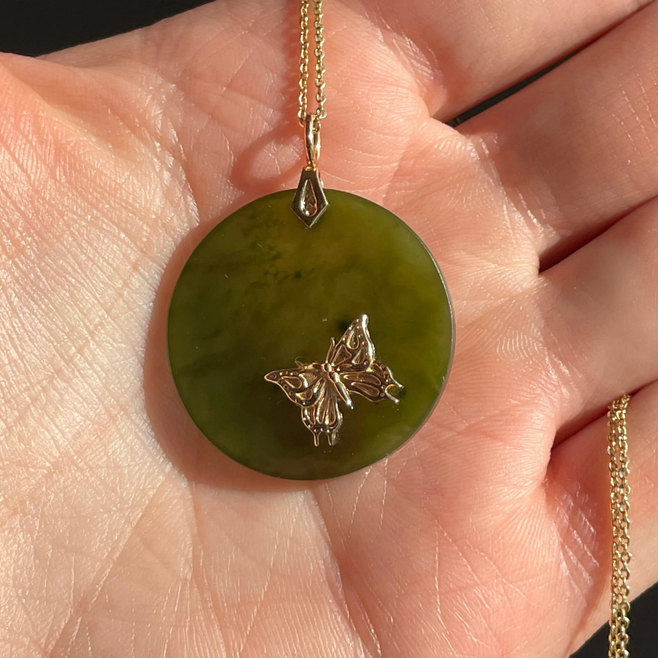 14K Gold Butterfly Jade Disk Pendant Necklace