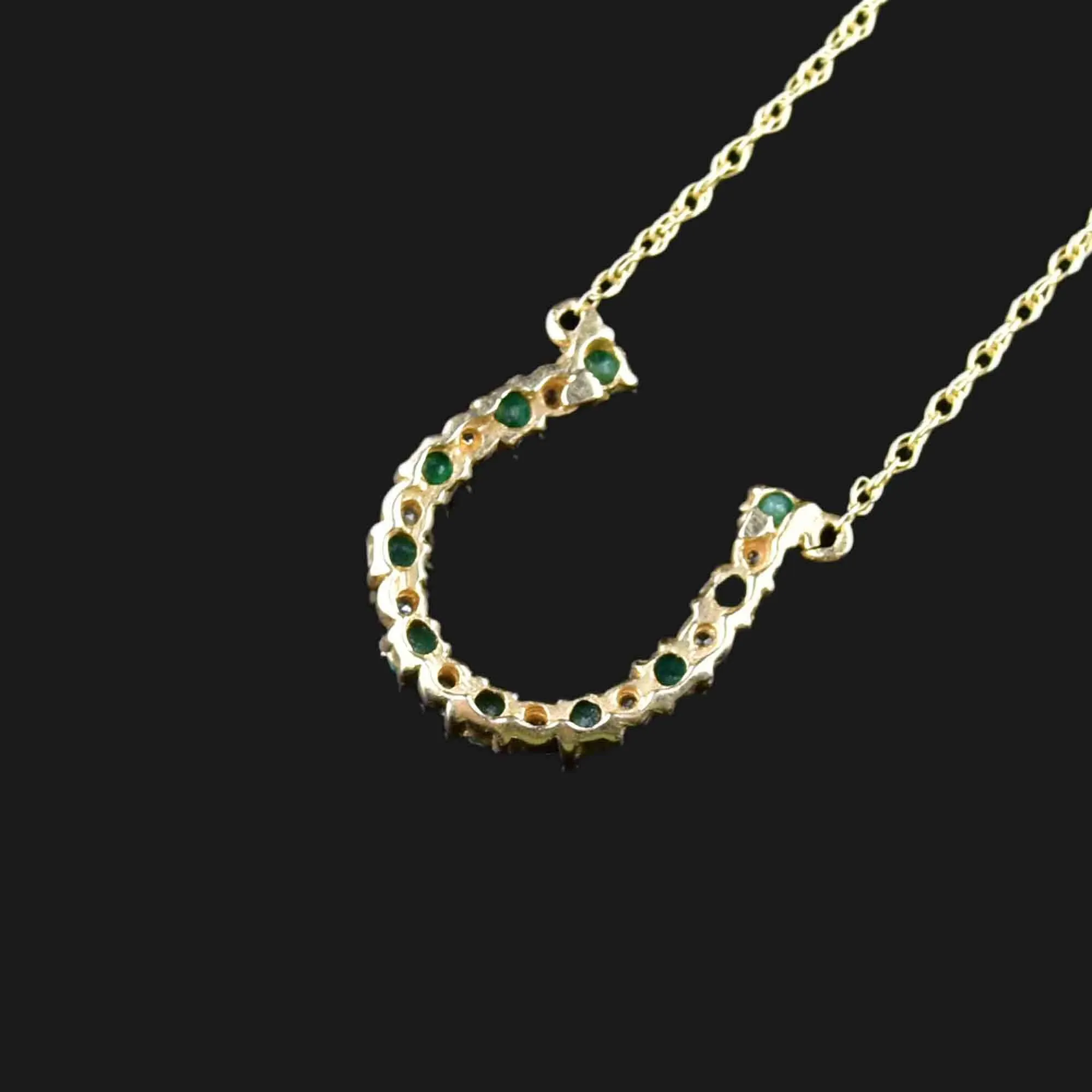 14K Gold Diamond Emerald HorseShoe Pendant Necklace