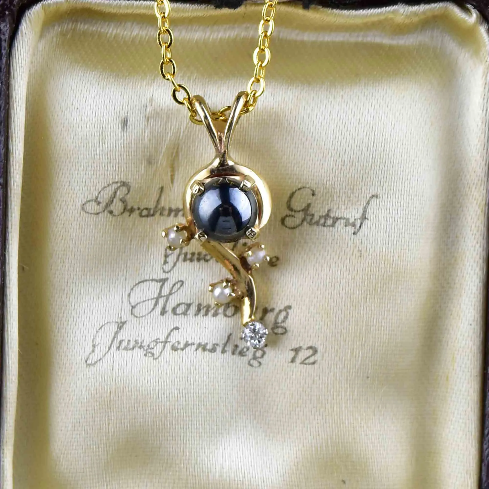 14K Gold Diamond Hematite Pearl Pendant Necklace