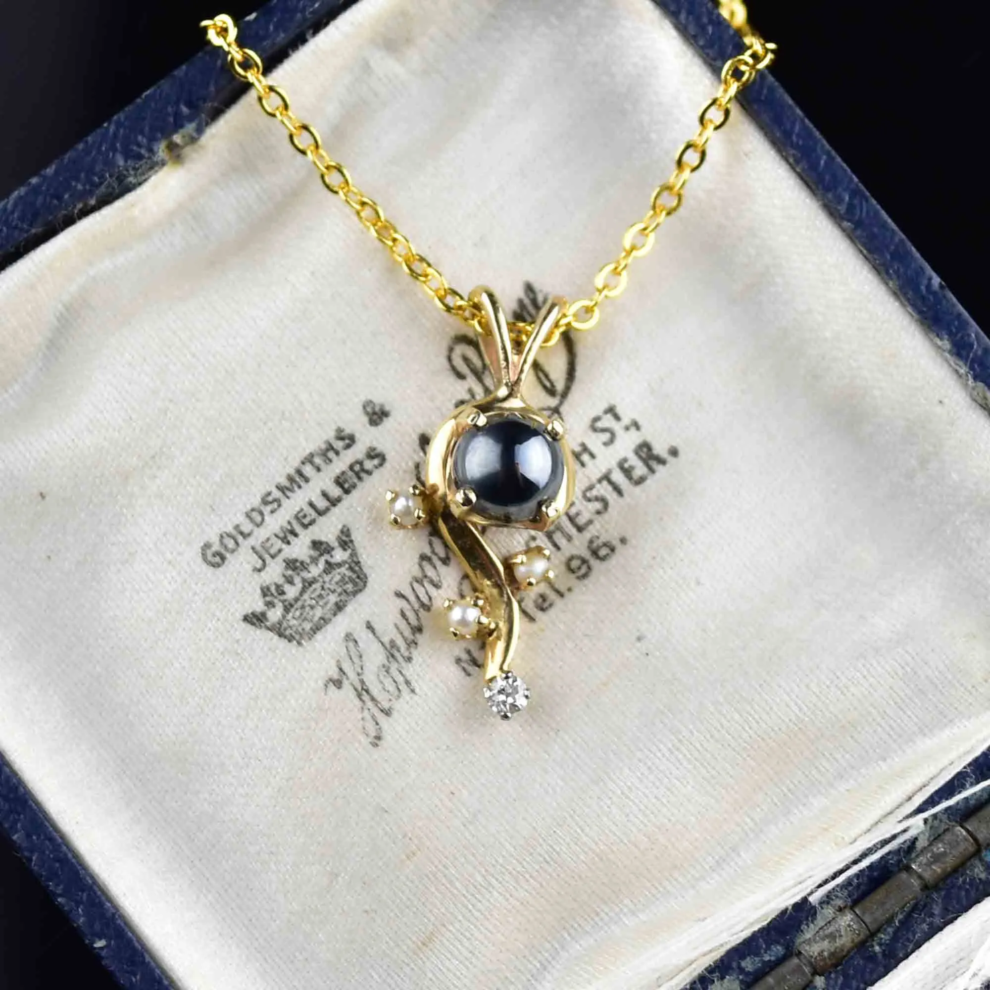 14K Gold Diamond Hematite Pearl Pendant Necklace