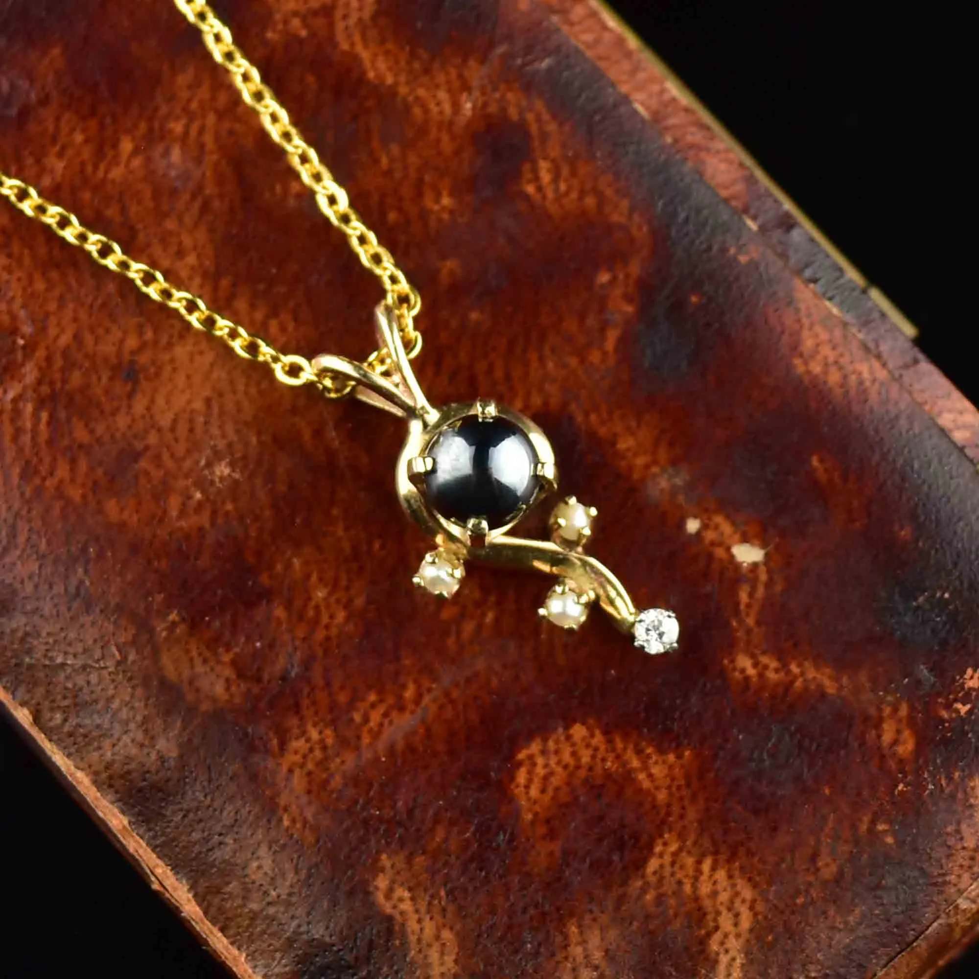 14K Gold Diamond Hematite Pearl Pendant Necklace