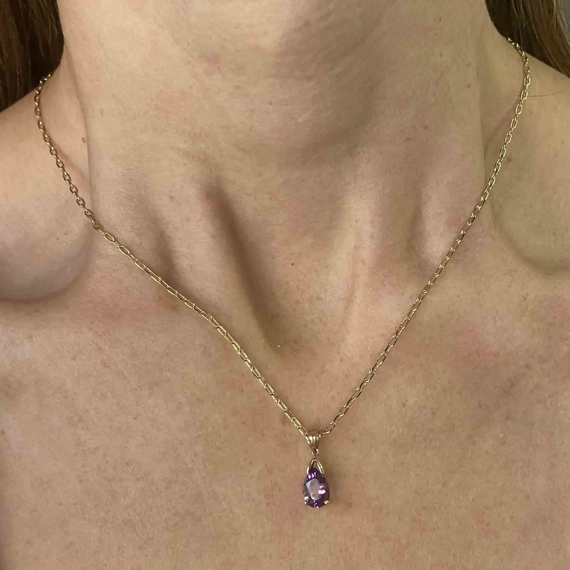 14K Gold Pear Cut Amethyst Pendant Necklace