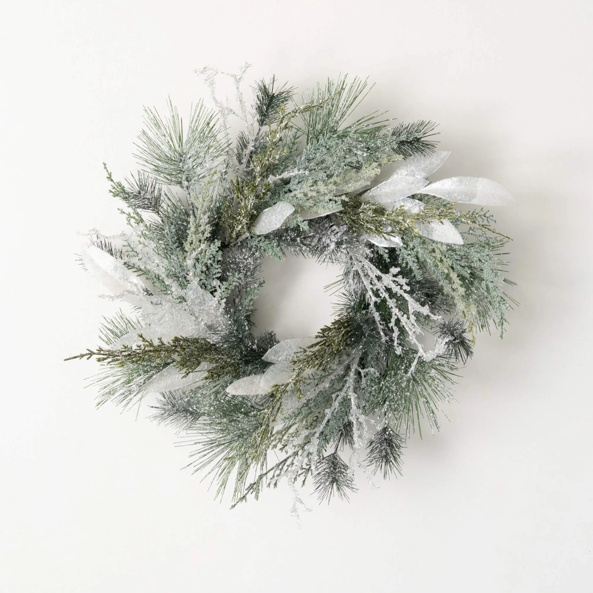 18"H Sullivans Frosted Snow Pine Christmas Mini Wreath, Green