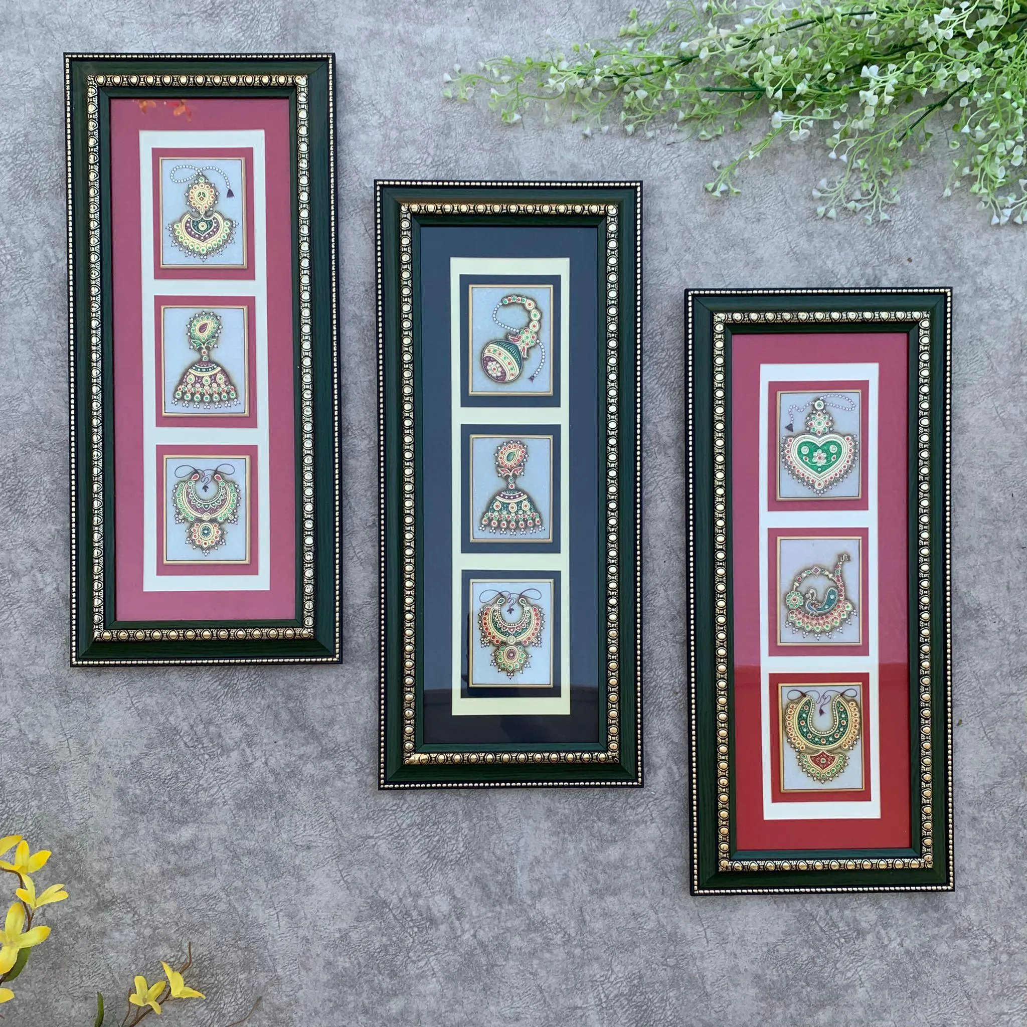 21.5 Inches Handcrafted Jewelry Painting (Set of 3) - Wall Decor - 22K Gold Leaf Meenakari Marble Art