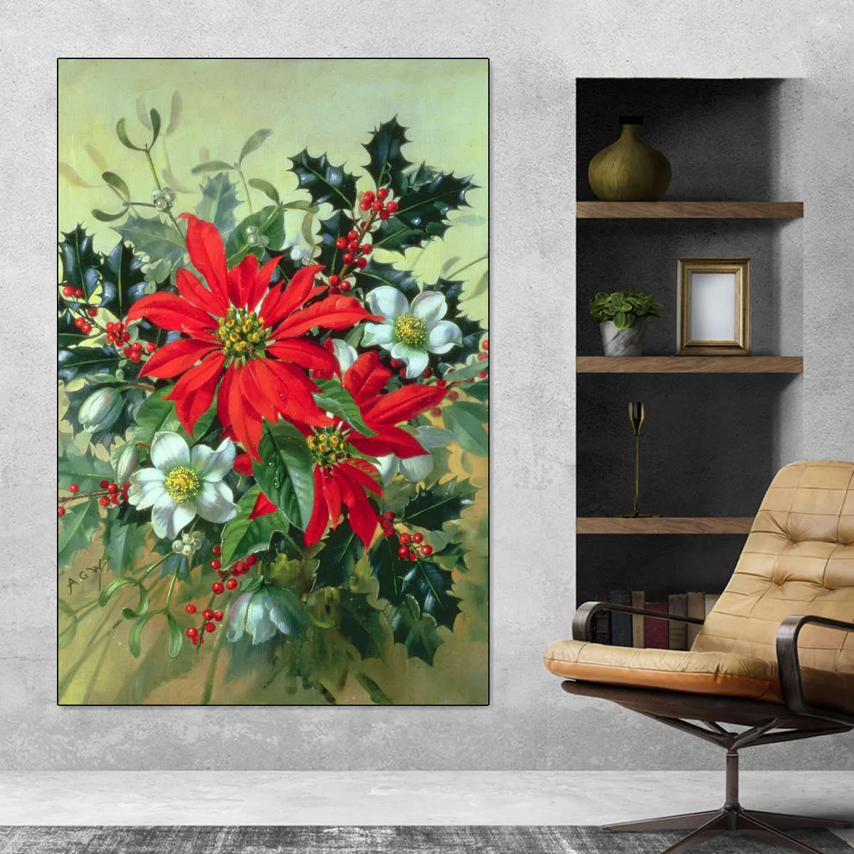 A Christmas Arrangement With Holly Mistletoe Wall Art