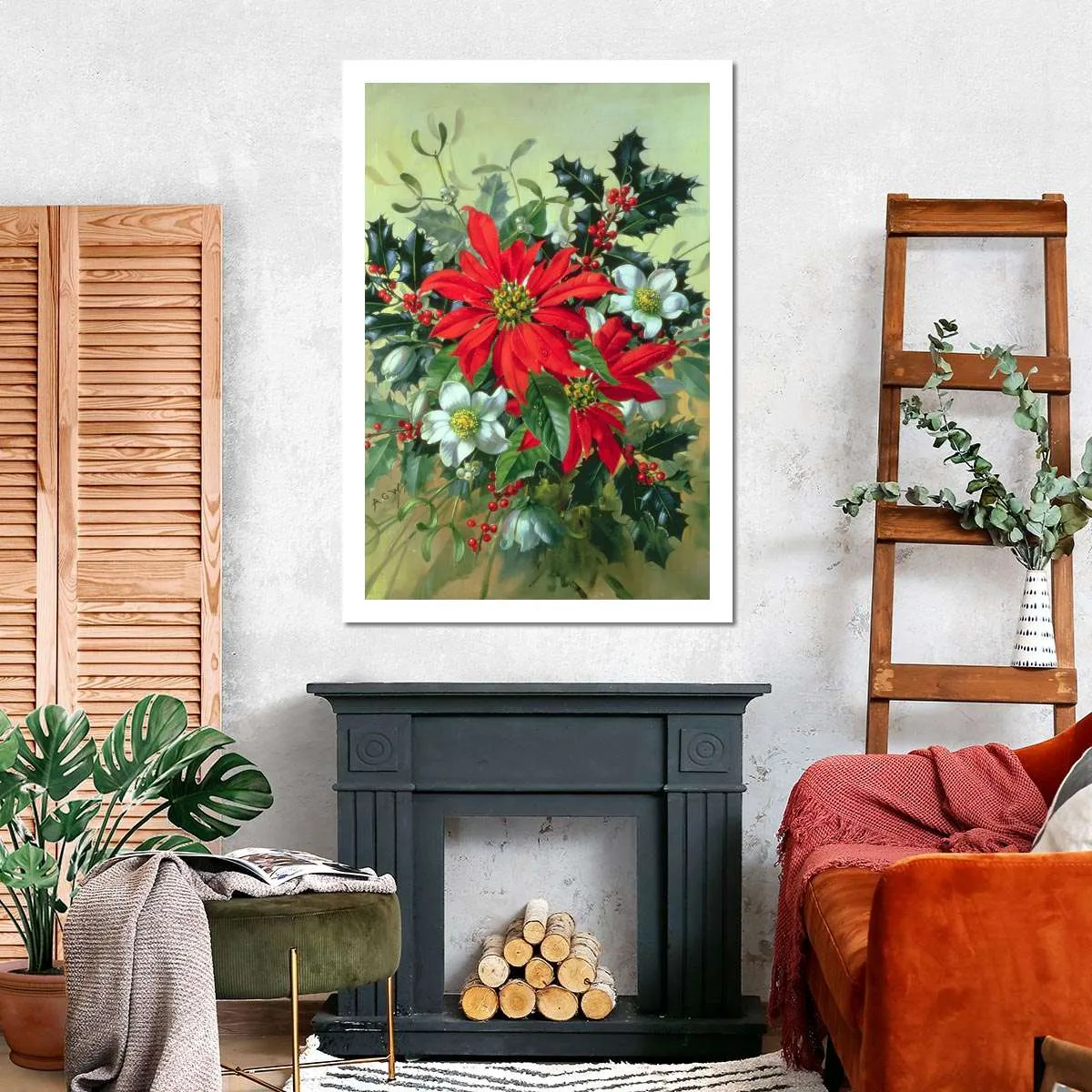 A Christmas Arrangement With Holly Mistletoe Wall Art