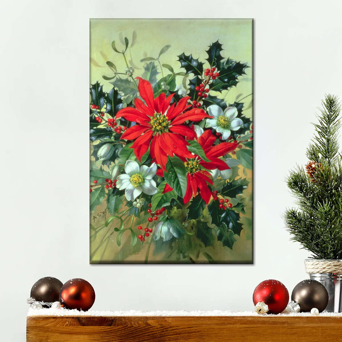 A Christmas Arrangement With Holly Mistletoe Wall Art