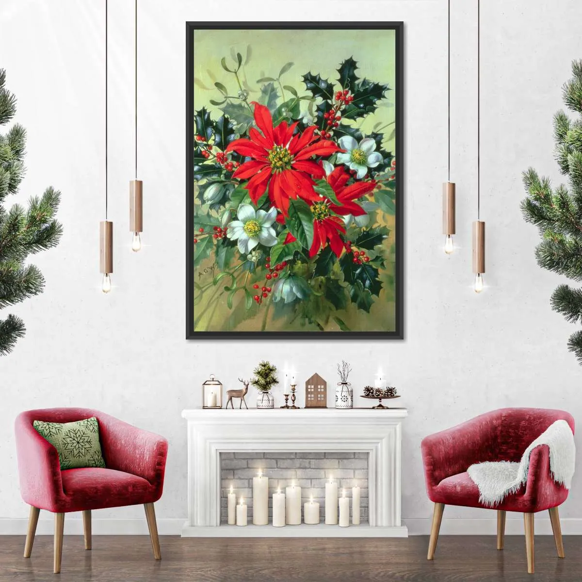 A Christmas Arrangement With Holly Mistletoe Wall Art