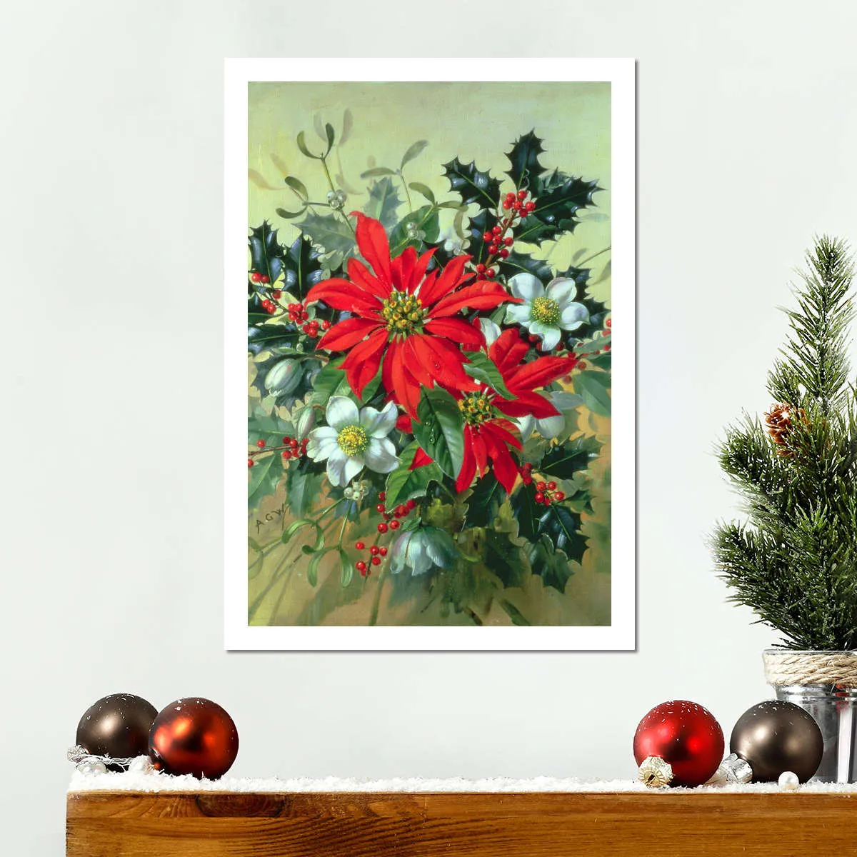 A Christmas Arrangement With Holly Mistletoe Wall Art