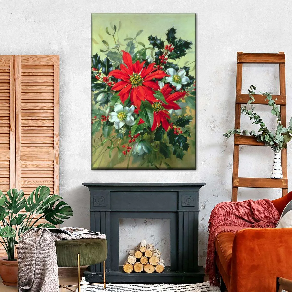 A Christmas Arrangement With Holly Mistletoe Wall Art