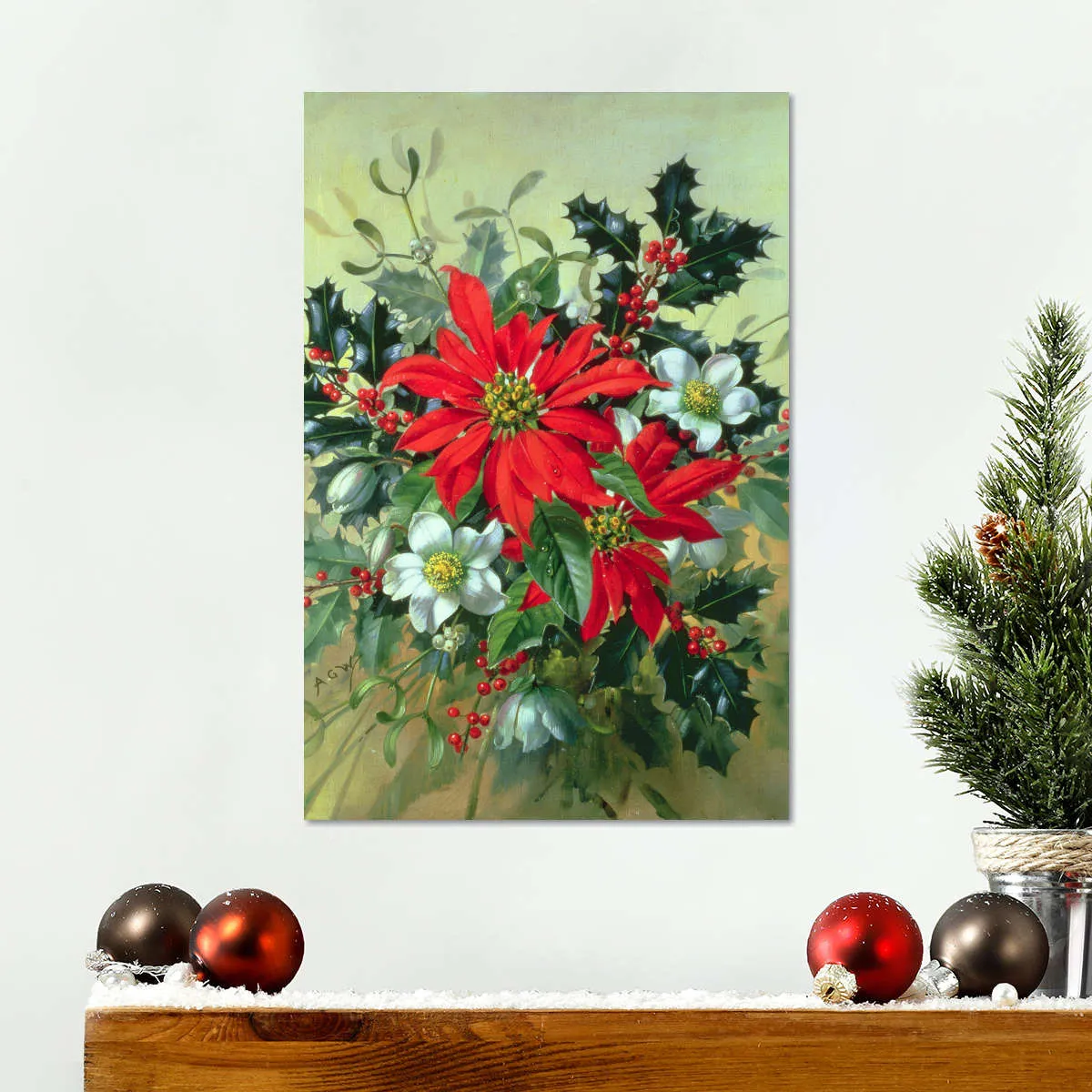 A Christmas Arrangement With Holly Mistletoe Wall Art