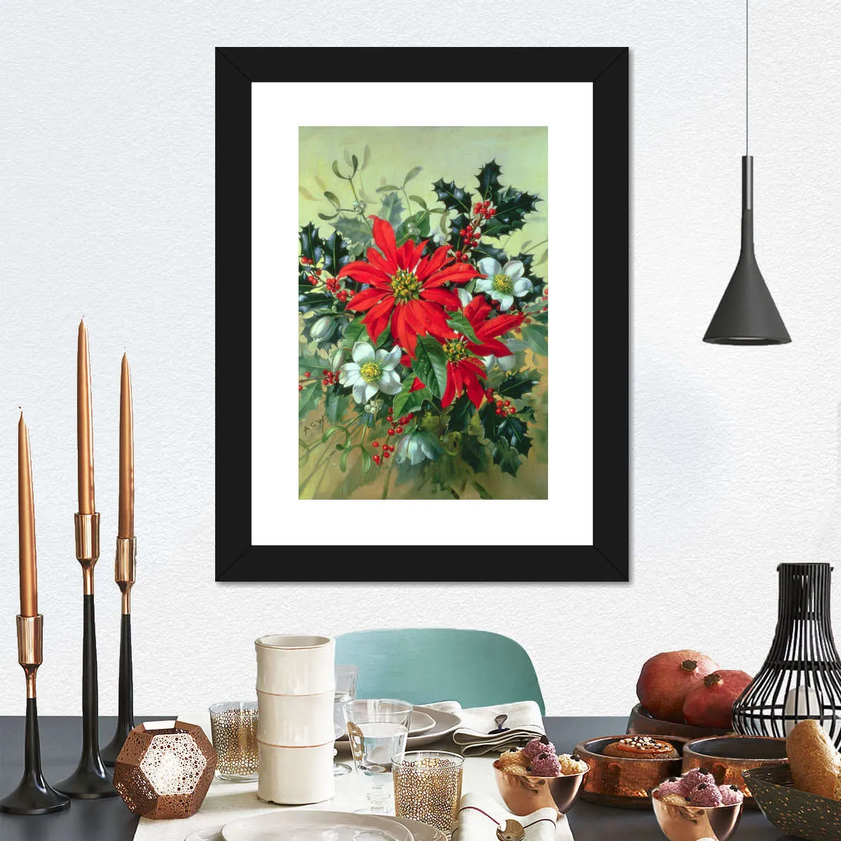 A Christmas Arrangement With Holly Mistletoe Wall Art