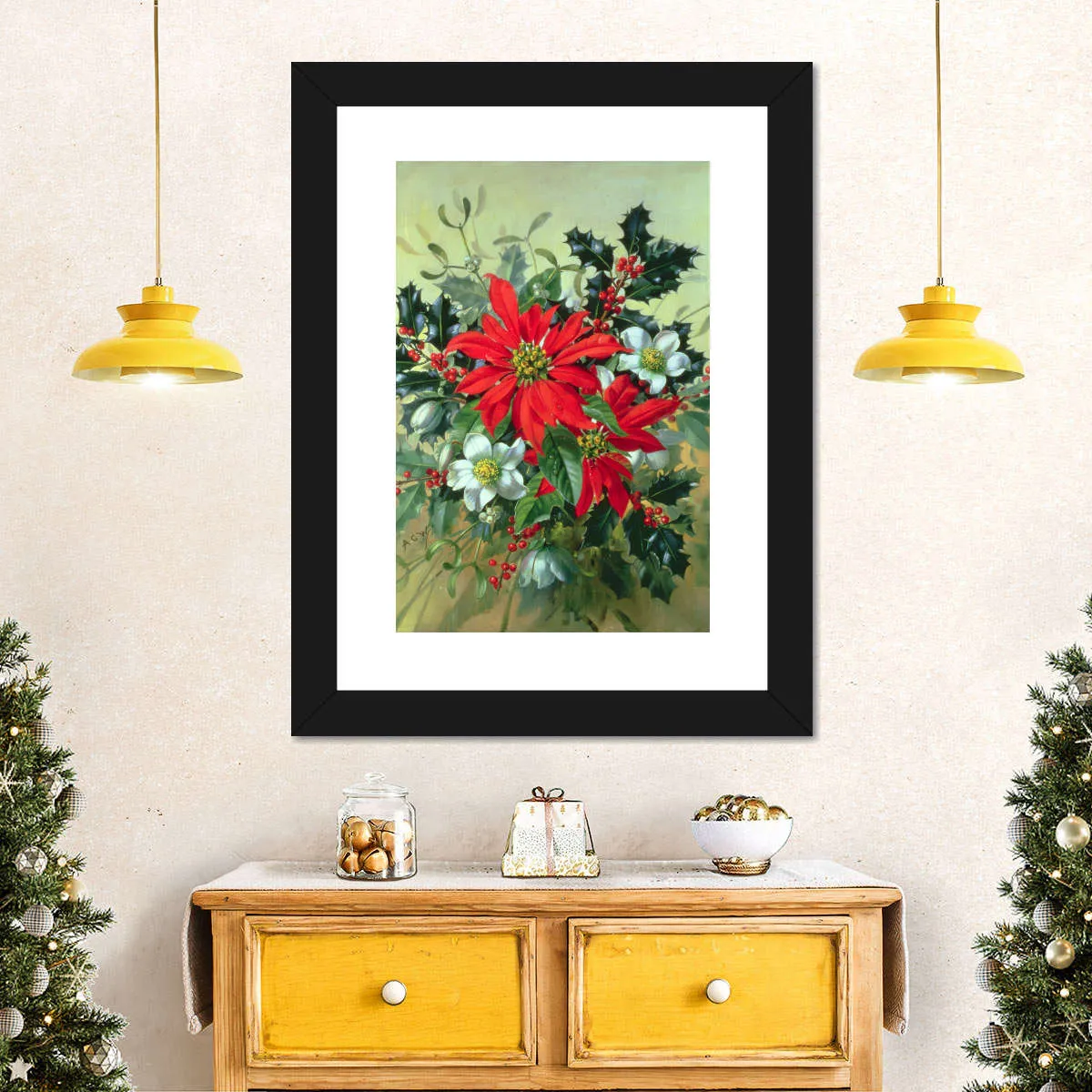 A Christmas Arrangement With Holly Mistletoe Wall Art