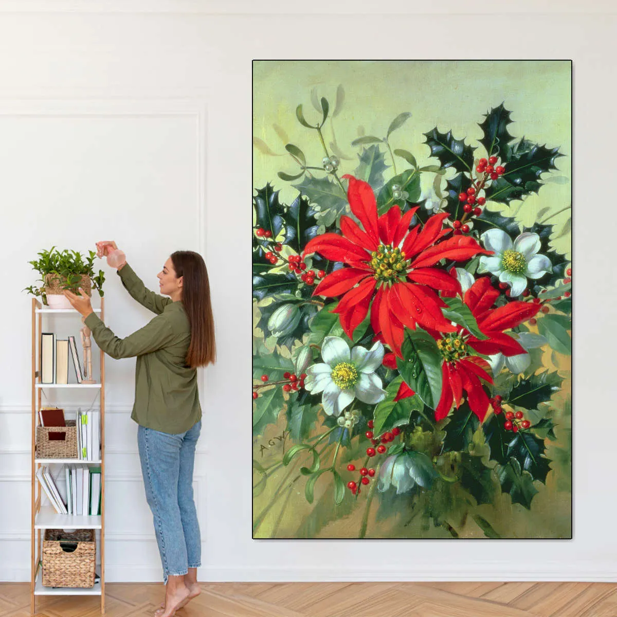 A Christmas Arrangement With Holly Mistletoe Wall Art