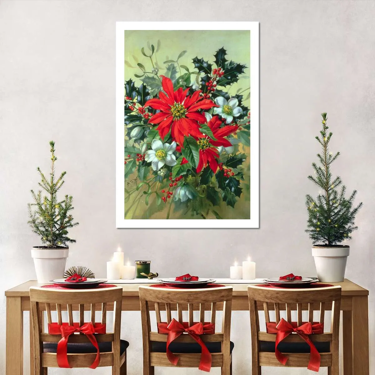 A Christmas Arrangement With Holly Mistletoe Wall Art