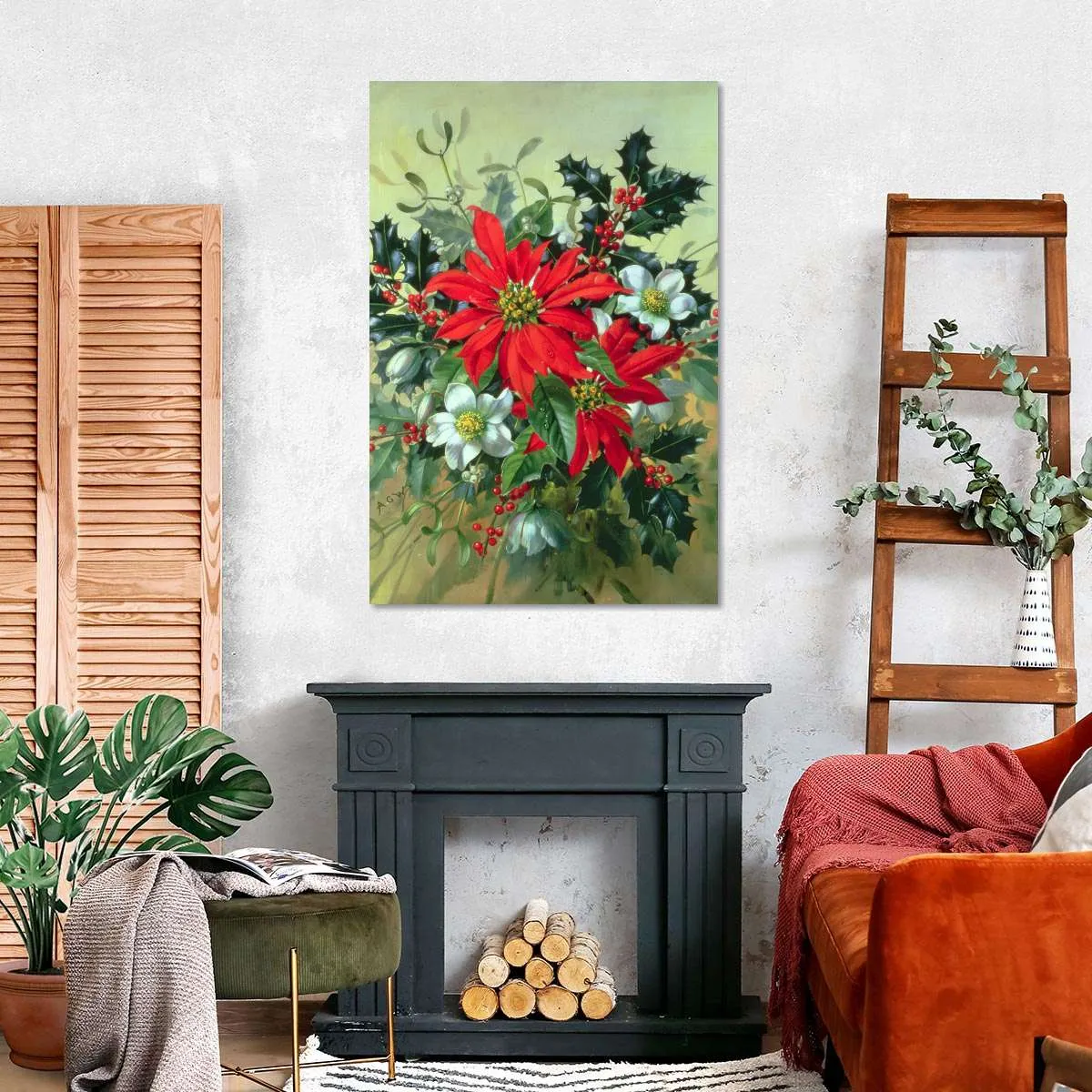 A Christmas Arrangement With Holly Mistletoe Wall Art