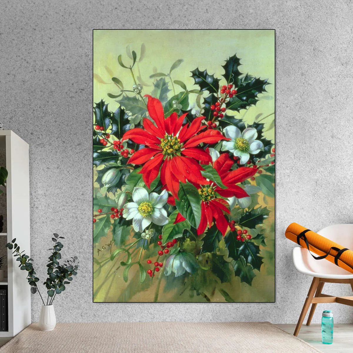 A Christmas Arrangement With Holly Mistletoe Wall Art