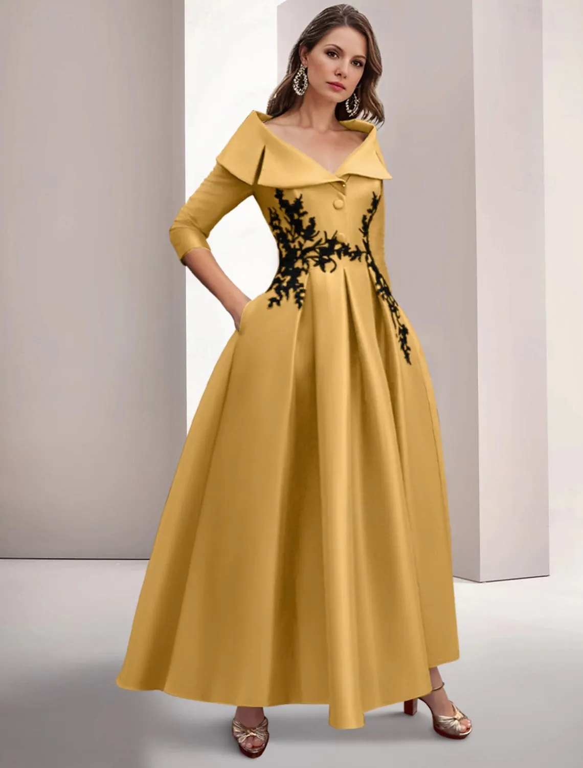 A-Line Evening Gown Elegant Christmas Floor Length 3/4 Length Sleeve Shirt Collar Satin with Appliques