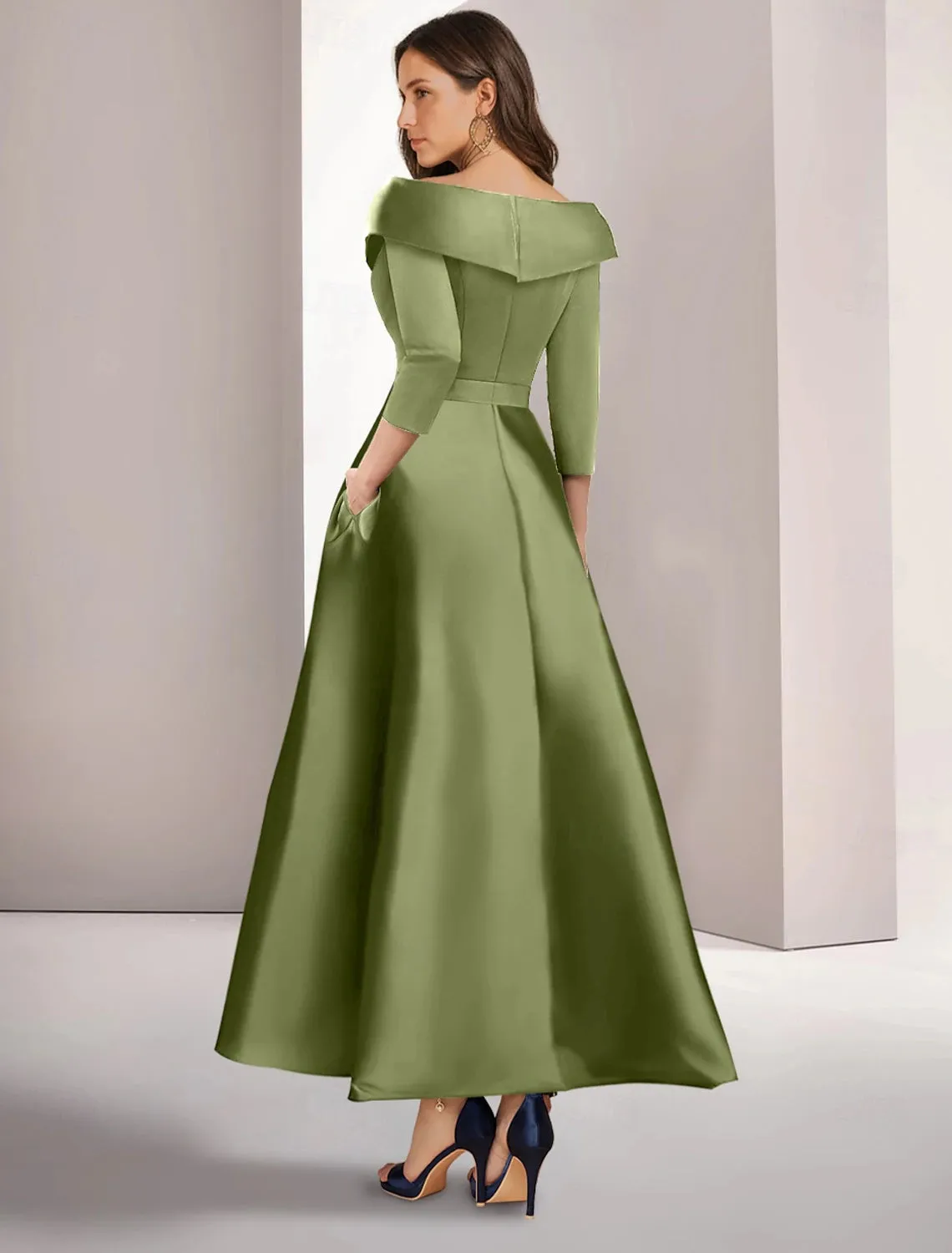 A-Line Evening Gown Elegant Christmas Floor Length 3/4 Length Sleeve Shirt Collar Satin with Appliques