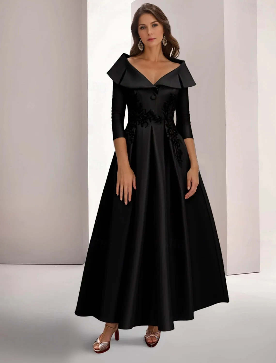 A-Line Evening Gown Elegant Christmas Floor Length 3/4 Length Sleeve Shirt Collar Satin with Appliques