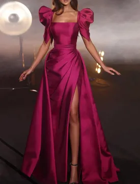 A-Line Evening Gown High Split Dress Christmas Masquerade Court Train Short Sleeve Square Neck Satin with Ruched Slit