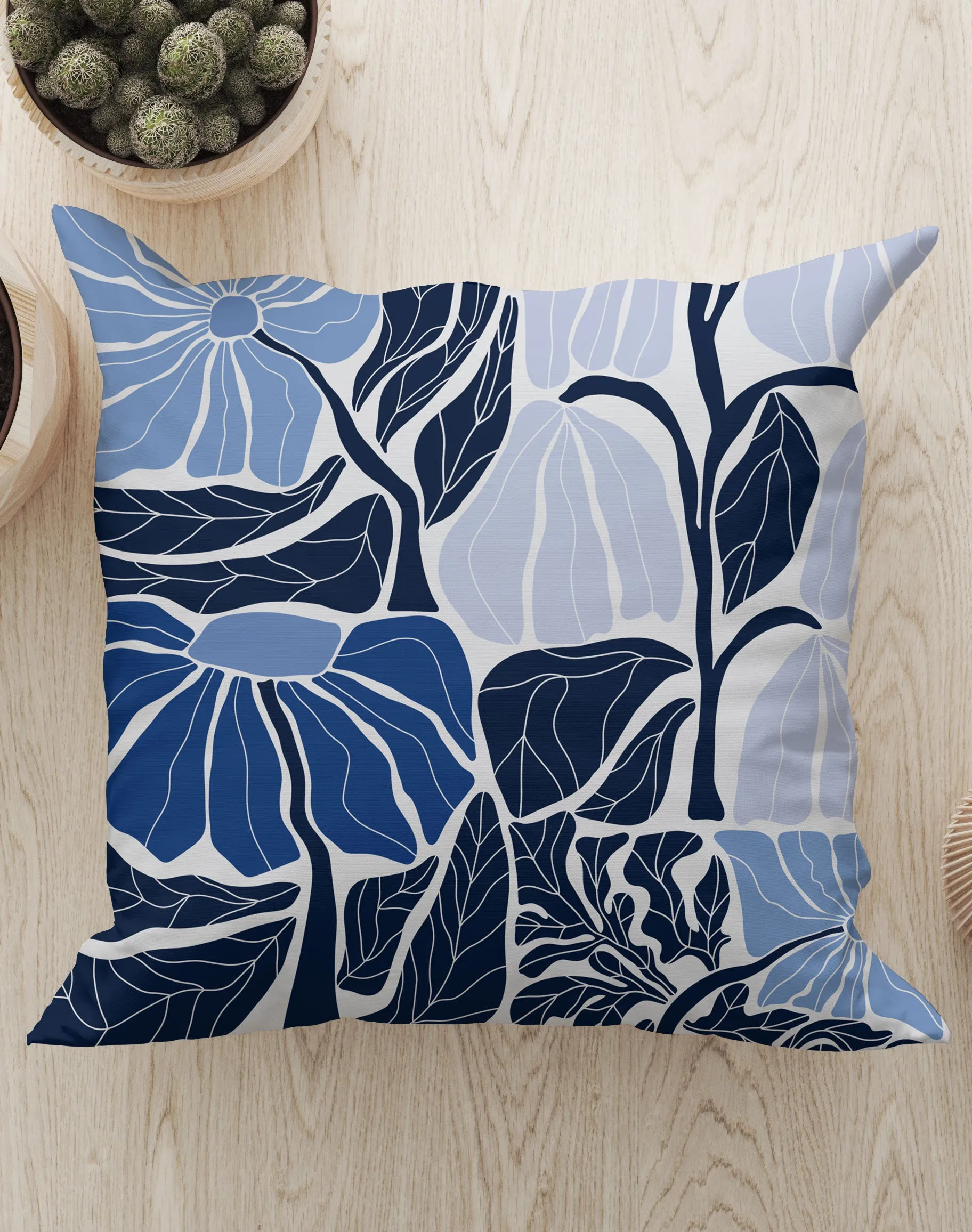 Abstract Flower Square Cushion (Blue)