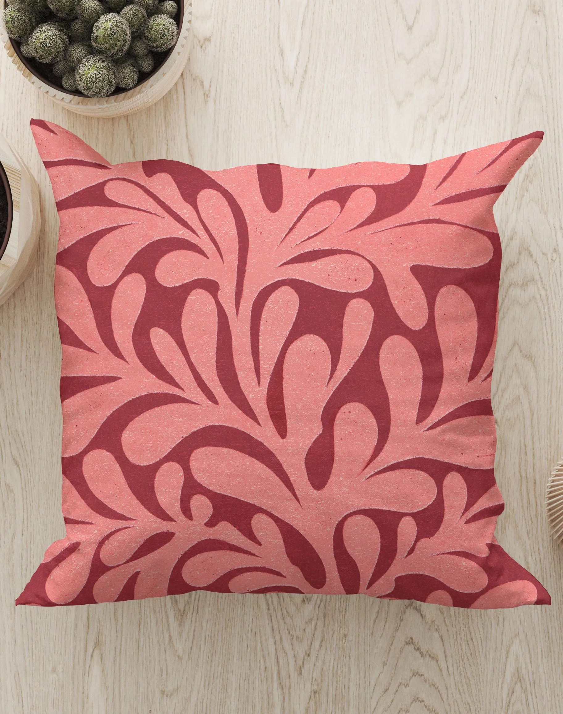 Abstract Plant Square Cushion (Cherry Red)