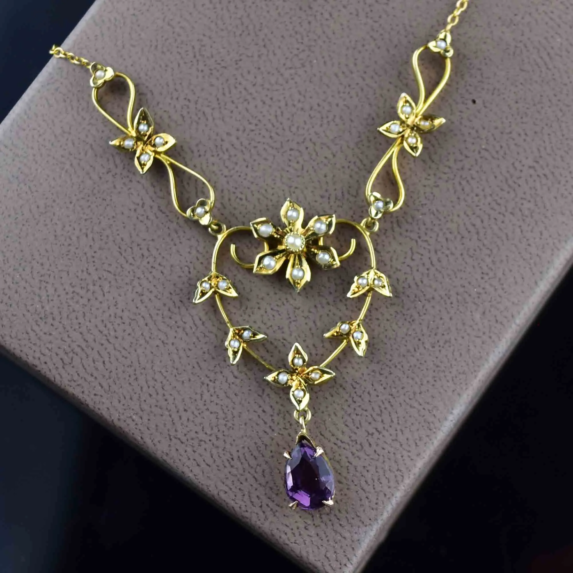 Antique 14K Gold Amethyst Pearl Lavalier Necklace