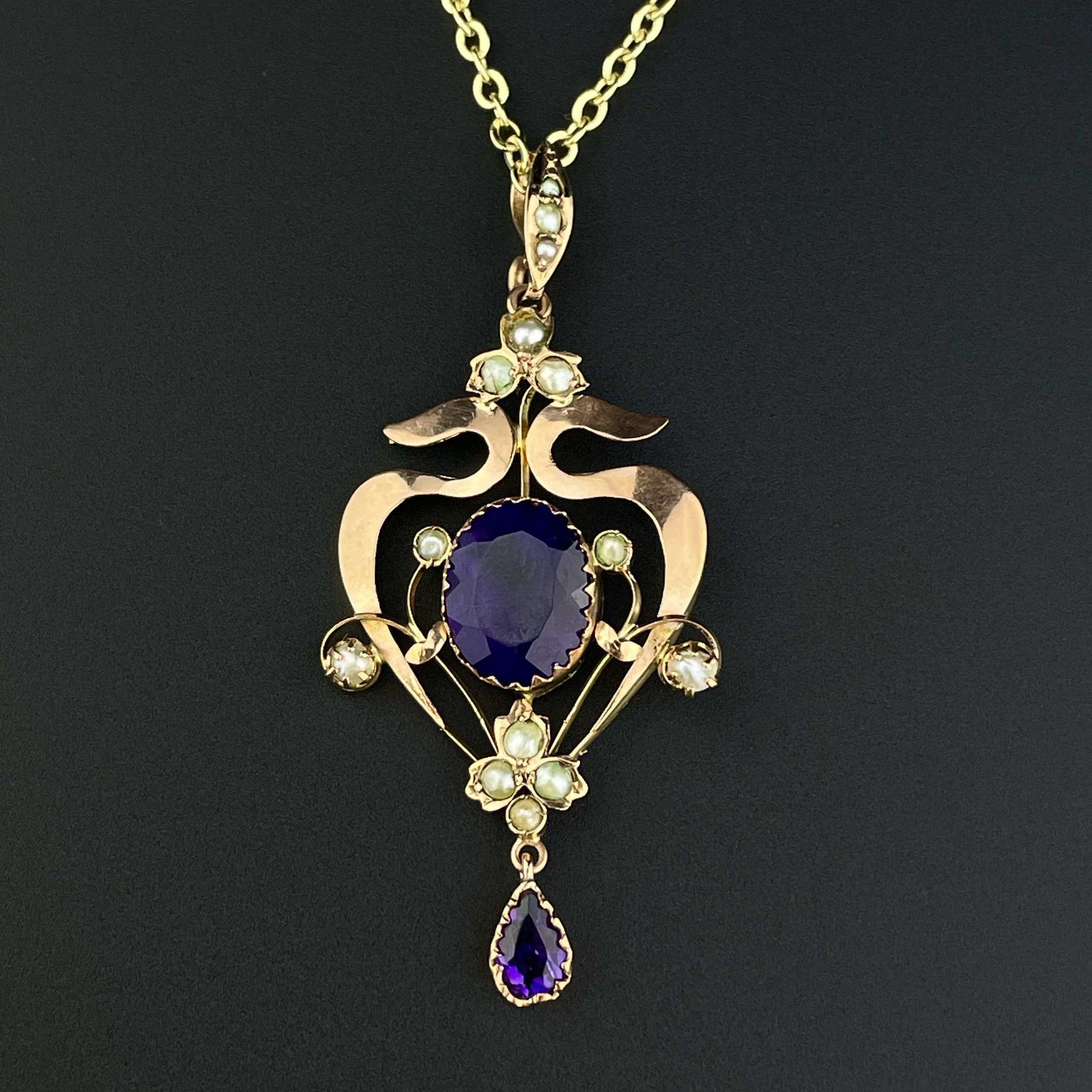 Antique Art Nouveau Amethyst Seed Pearl Lavaliere Pendant Necklace