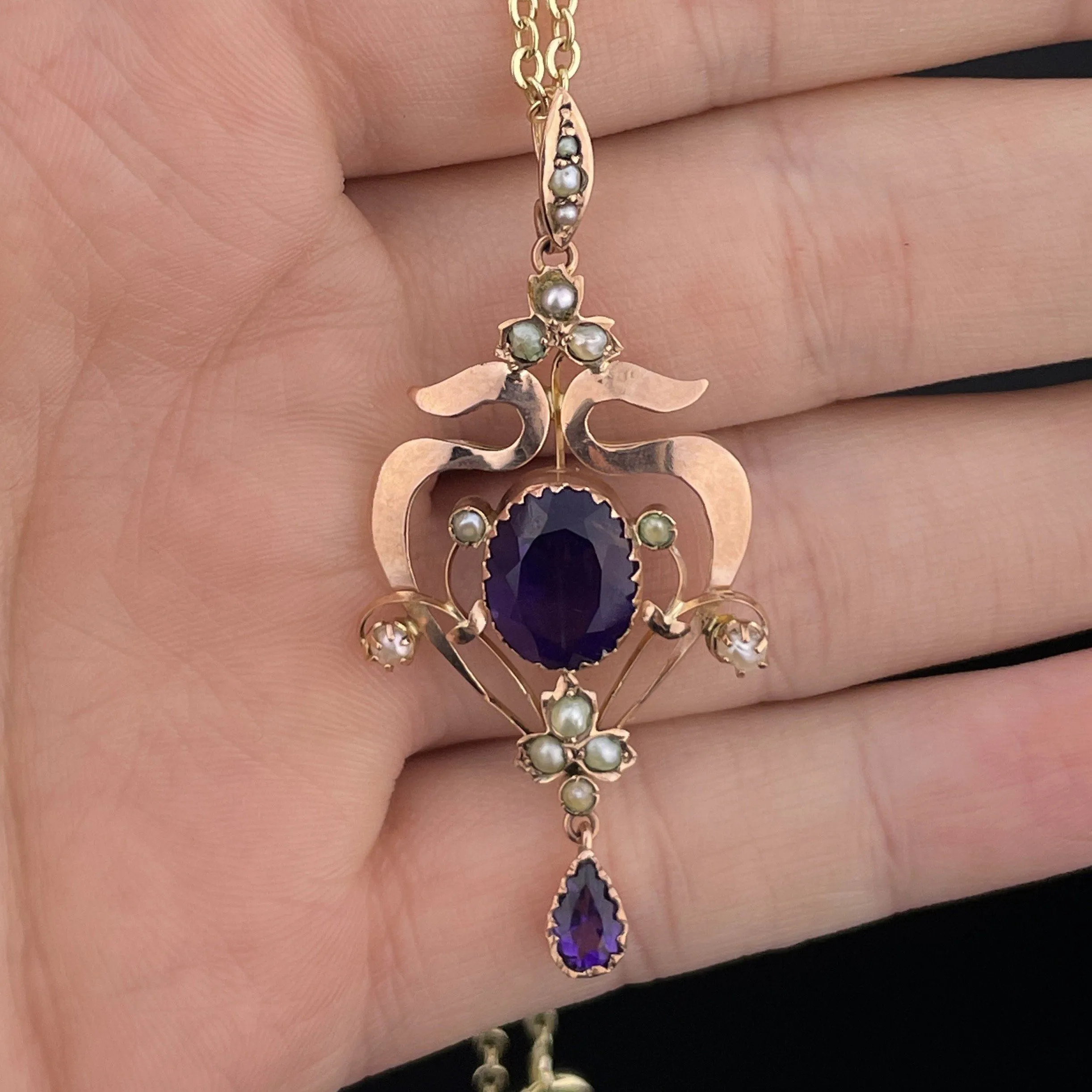 Antique Art Nouveau Amethyst Seed Pearl Lavaliere Pendant Necklace