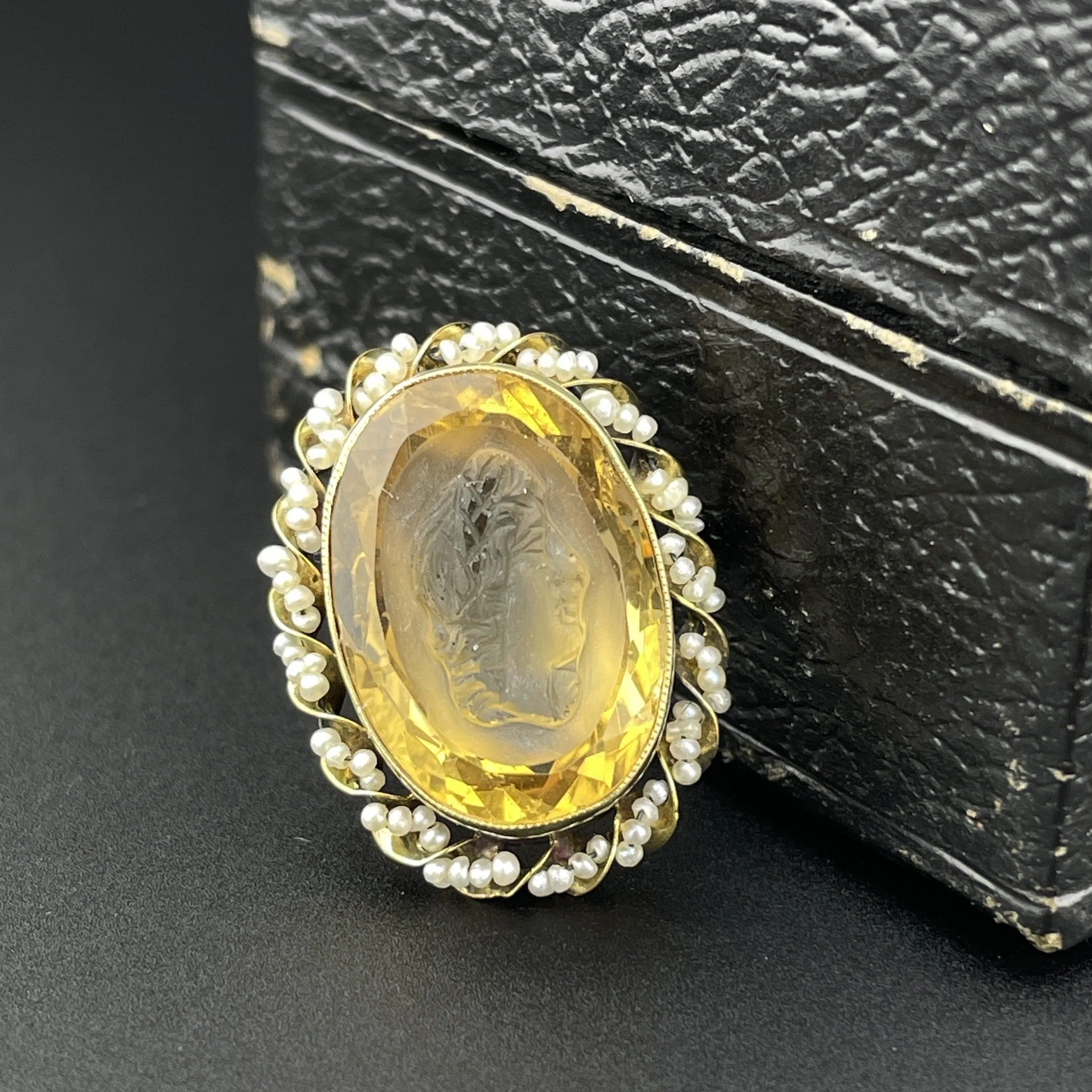 Antique Cameo Citrine Seed Pearl 14K Gold Brooch