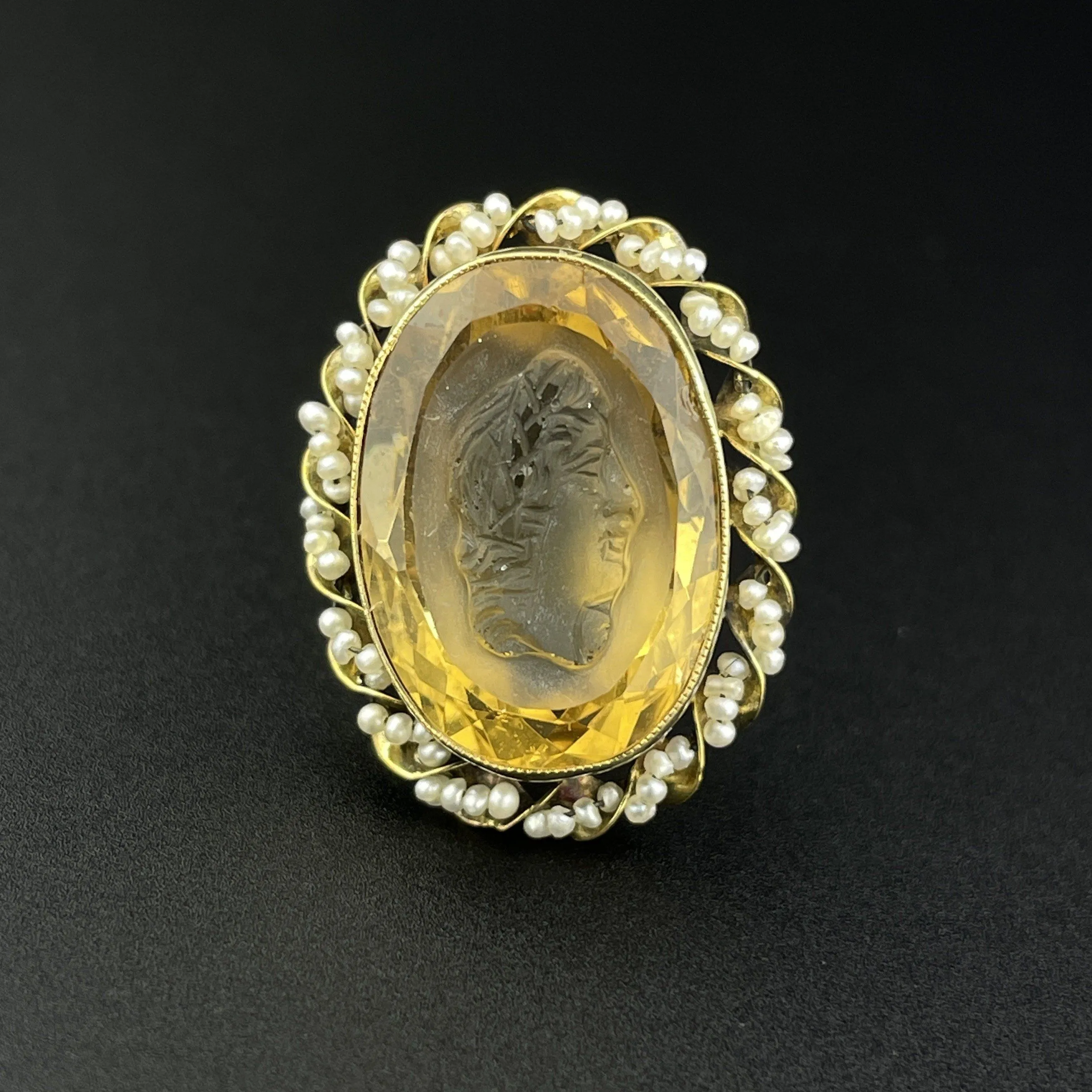 Antique Cameo Citrine Seed Pearl 14K Gold Brooch