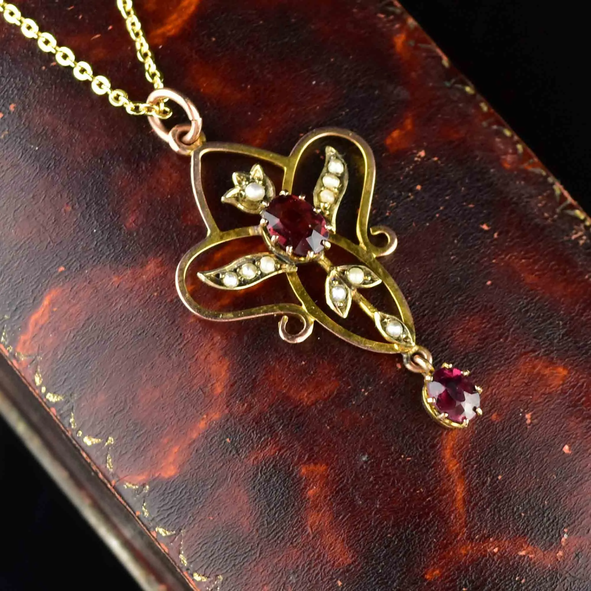 Antique Edwardian Garnet Seed Pearl Pendant Necklace