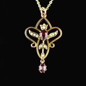 Antique Edwardian Garnet Seed Pearl Pendant Necklace