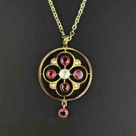 Antique Edwardian Gold Garnet Pearl Lavalier Pendant Necklace