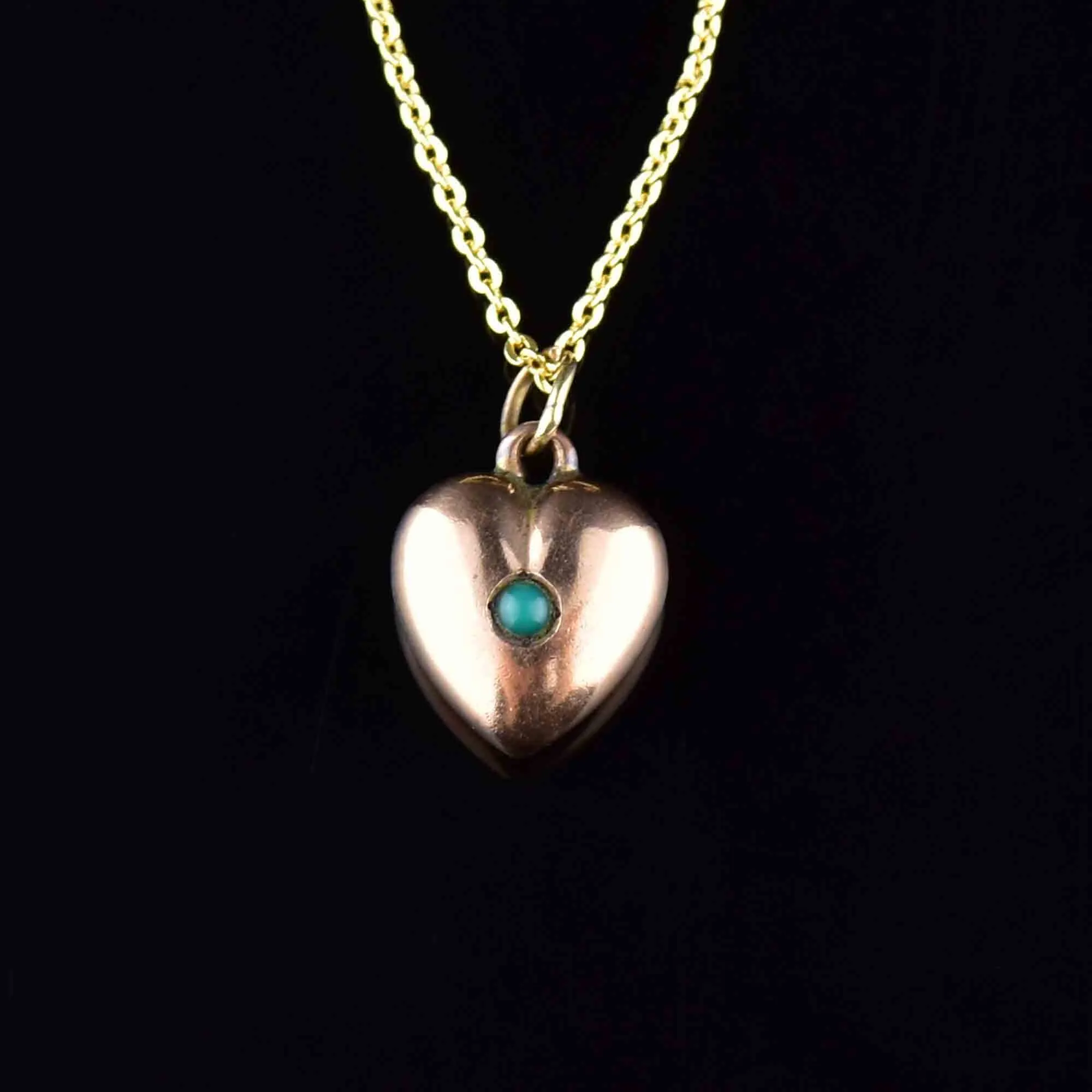 Antique Rose Gold Turquoise Puffy Heart Pendant Necklace