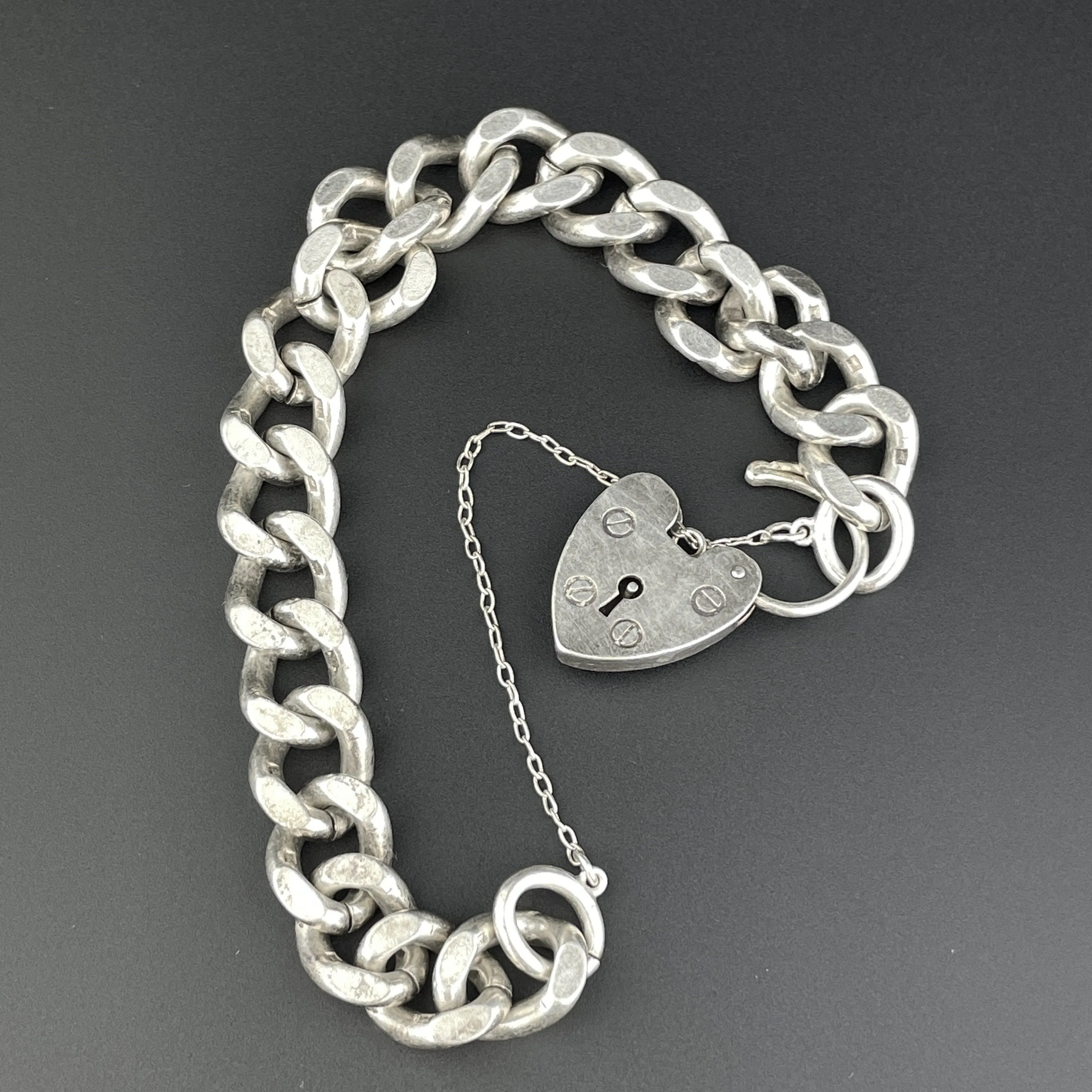 Antique Silver English Heat Padlock Curb Chain Bracelet