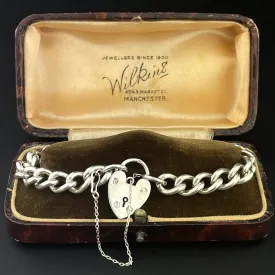 Antique Silver Heart Padlock Curb Chain Bracelet