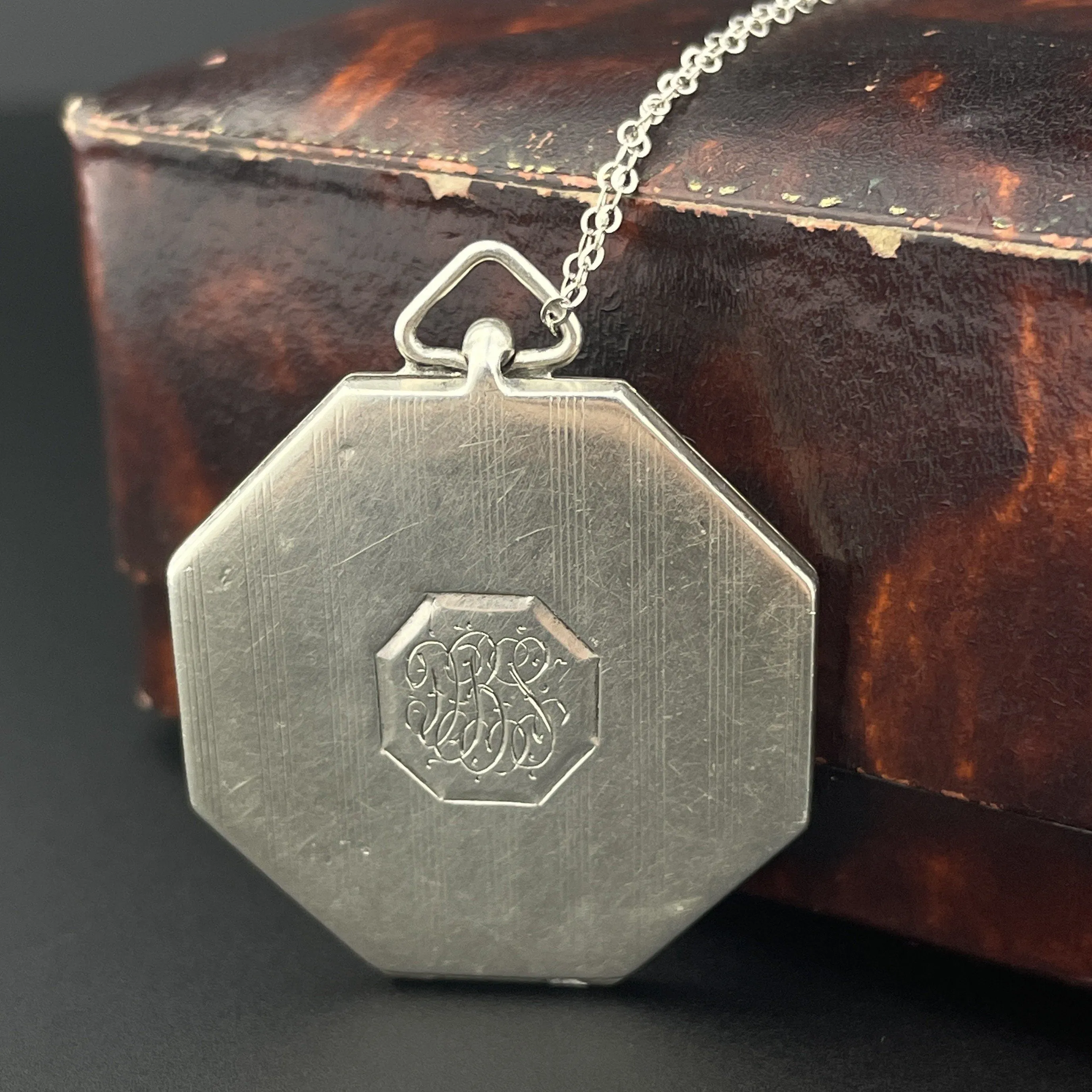 Antique Silver Octagon Locket Pendant Necklace