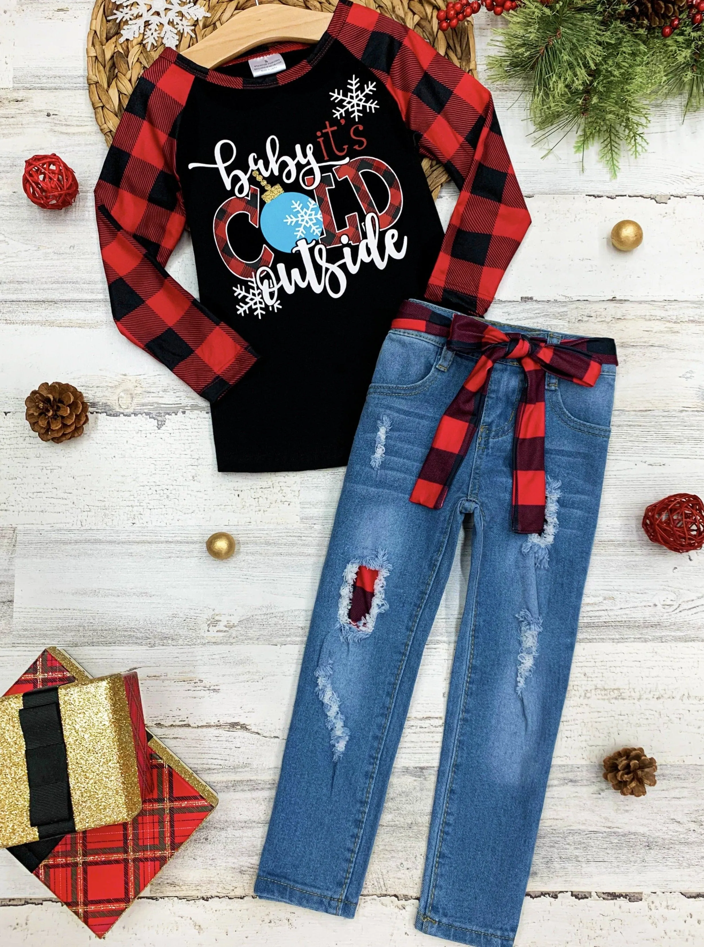 Baby It's Cold Outside Plaid Patched Jeans Set