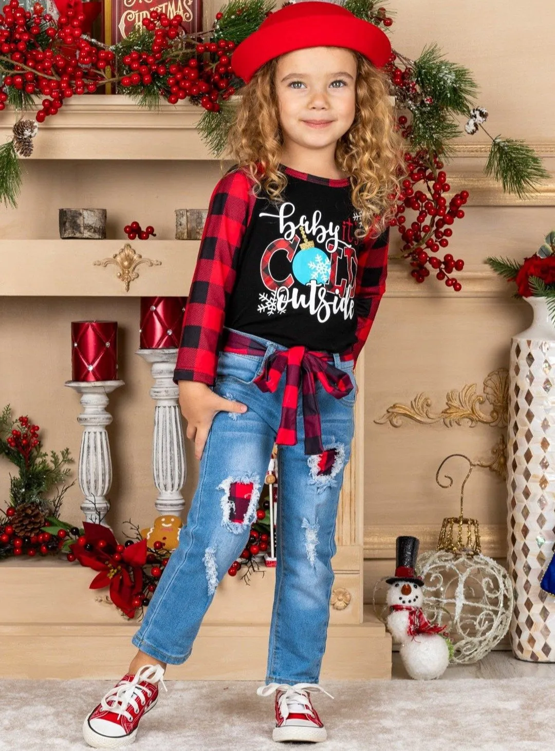 Baby It's Cold Outside Plaid Patched Jeans Set