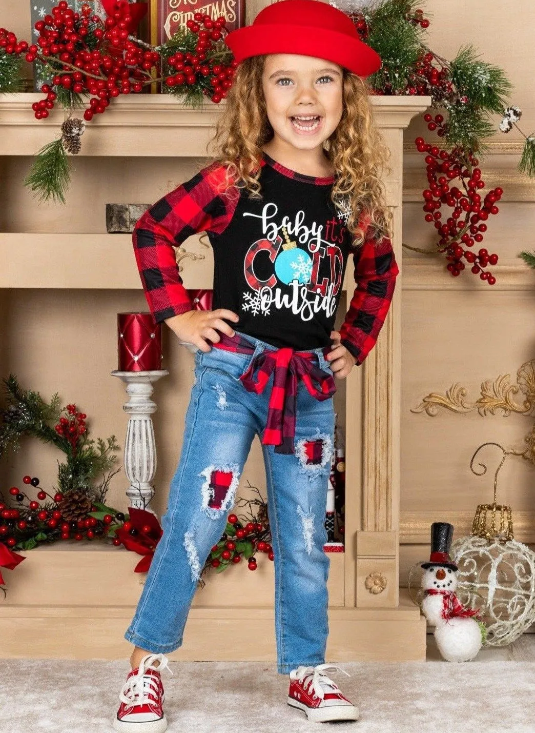 Baby It's Cold Outside Plaid Patched Jeans Set